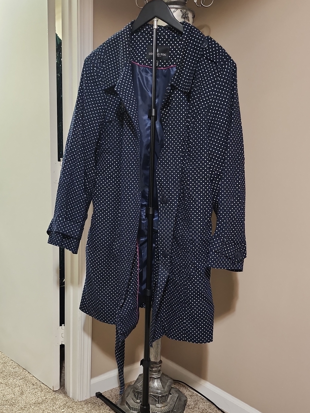 London Fog Navy Trench Coat with White Polka Dots